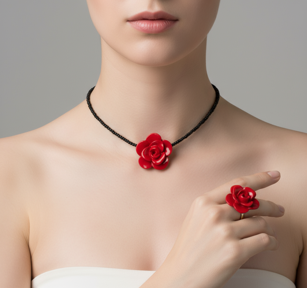 Red Rose Choker and Ring Set on Model