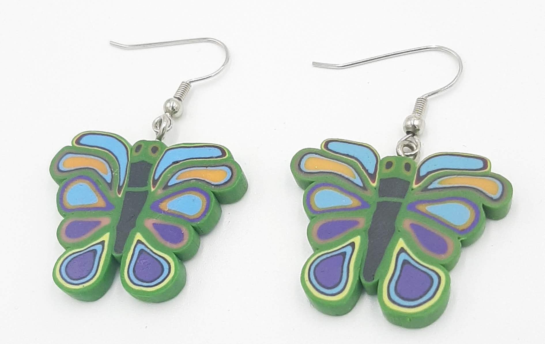Colorful Butterfly Dangle Earrings - Green Purple Blue