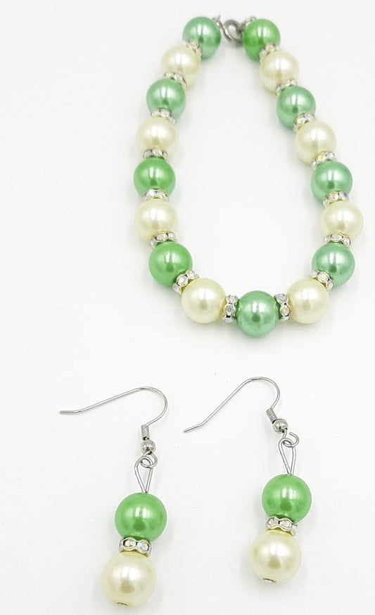 Green White Pearl Bracelet and Earring Set