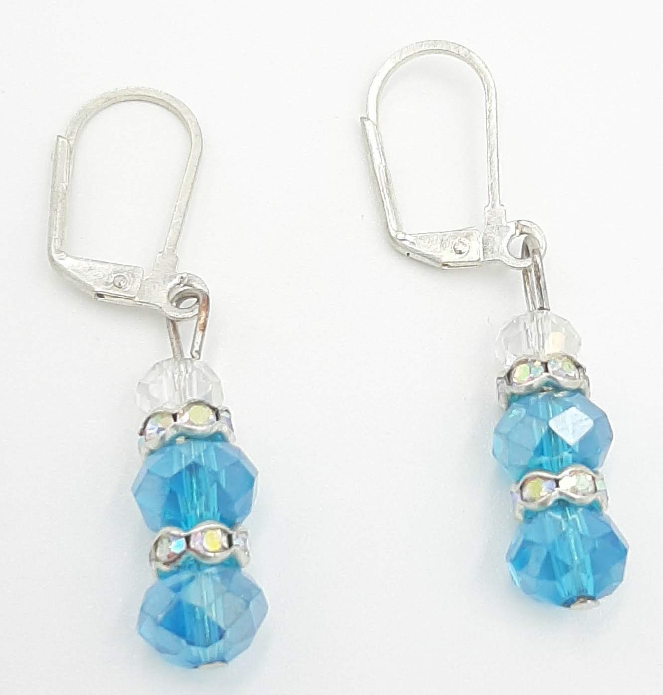 Aqua Blue Crystal Earrings - Handmade Beaded Leverback Earrings