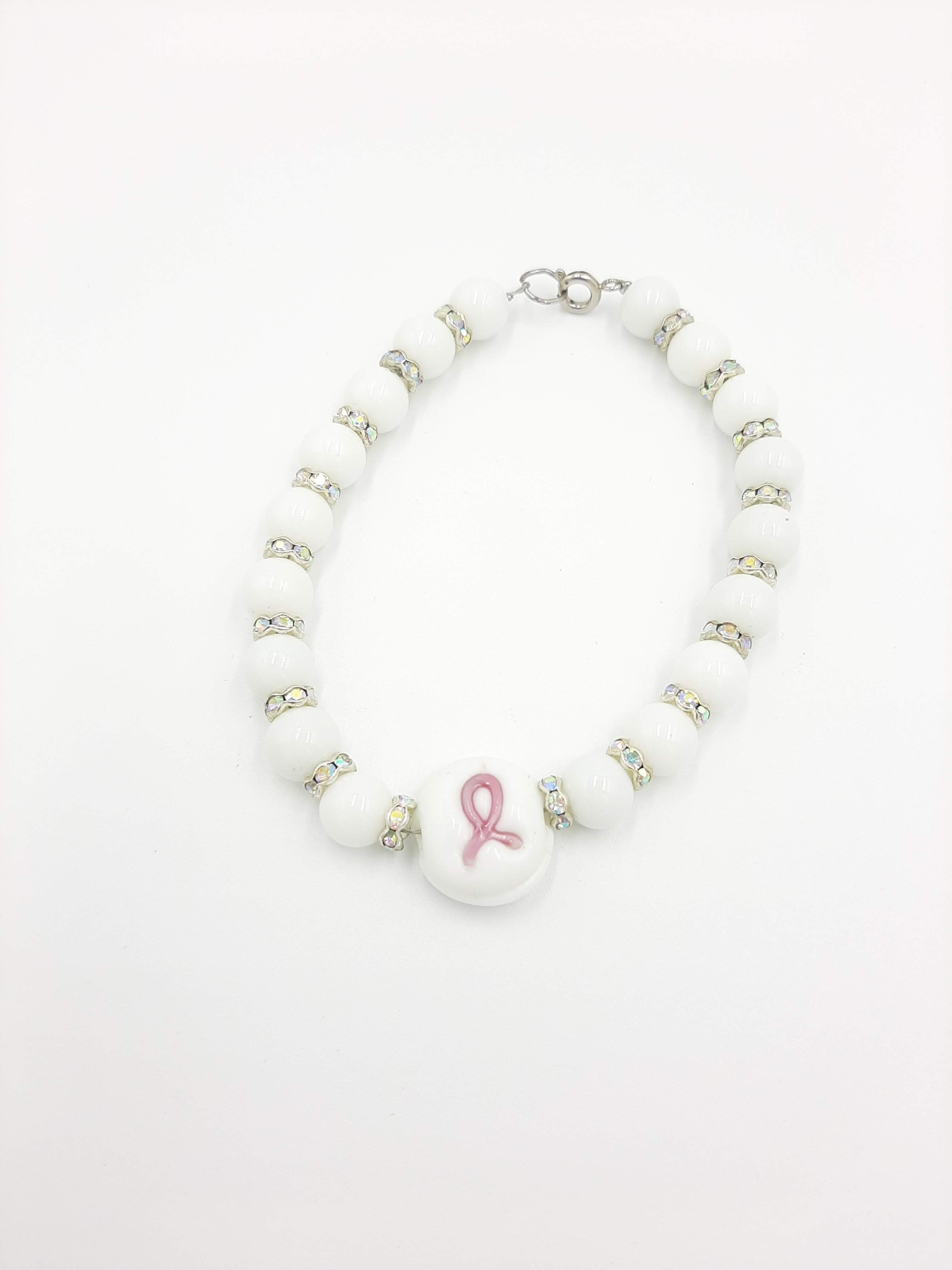 Pink Ribbon Awareness Bracelet - White Beaded