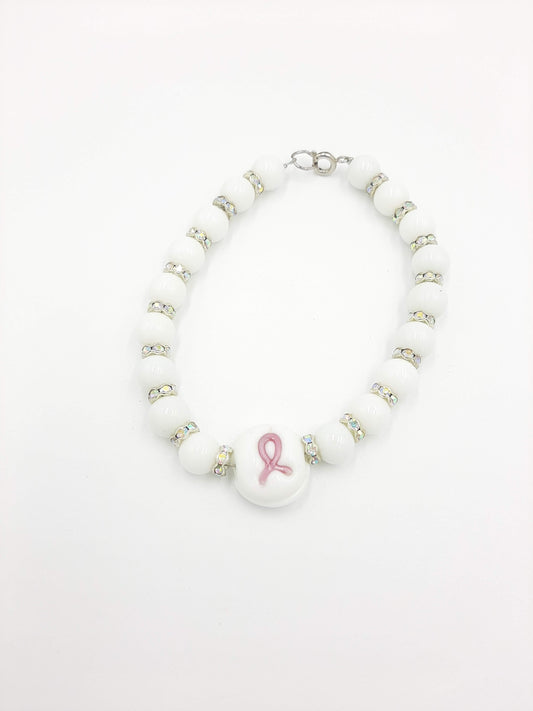 Pink Ribbon Awareness Bracelet - White Beaded