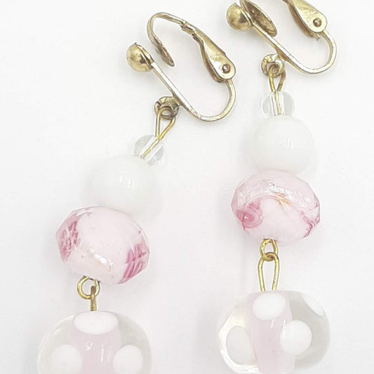 Pink Flower Glass Bead Clip-On Earrings - Delicate Floral