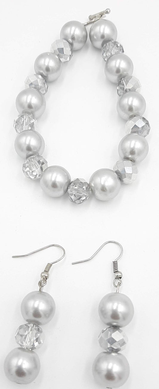 Silver Pearl & Crystal Bracelet and Earring Set