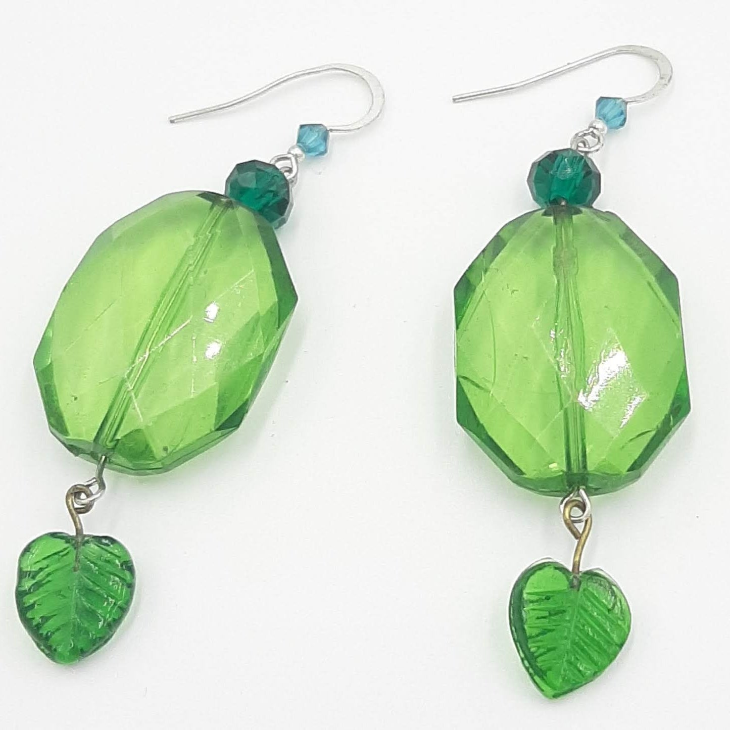 Green Glass Leaf Earrings - Handmade Beaded Dangle Earrings