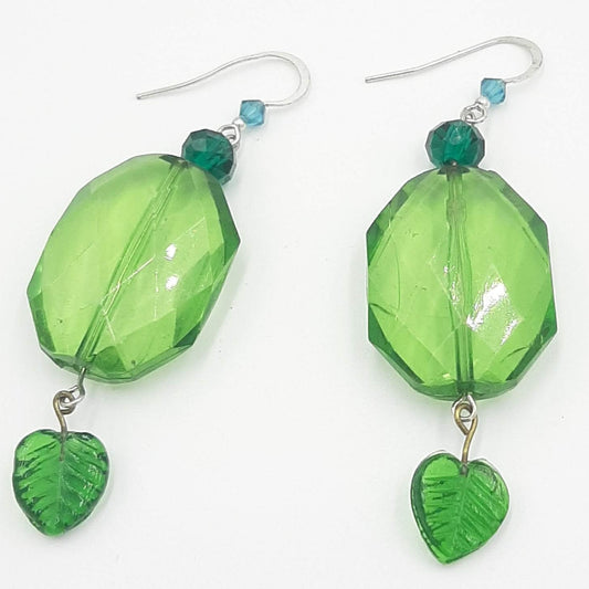 Green Glass Leaf Earrings - Handmade Beaded Dangle Earrings