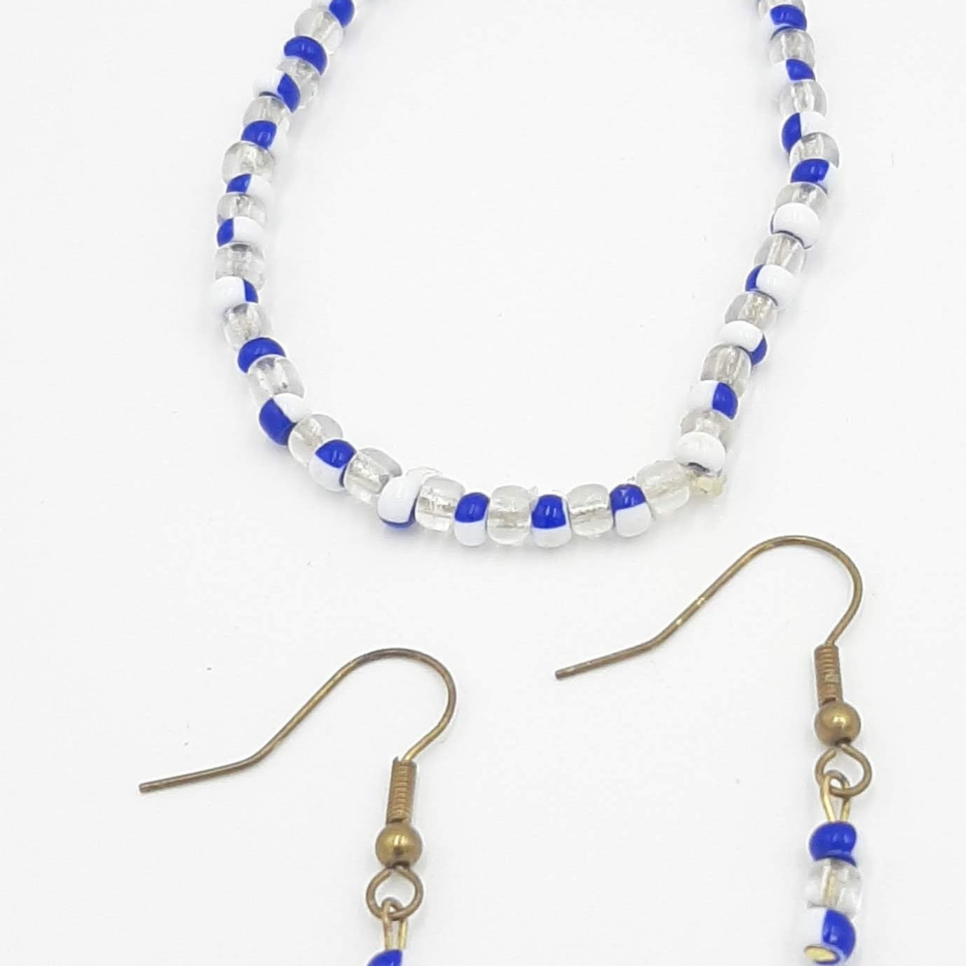 Blue White and Clear Seed Bead Bracelet and Earring Set